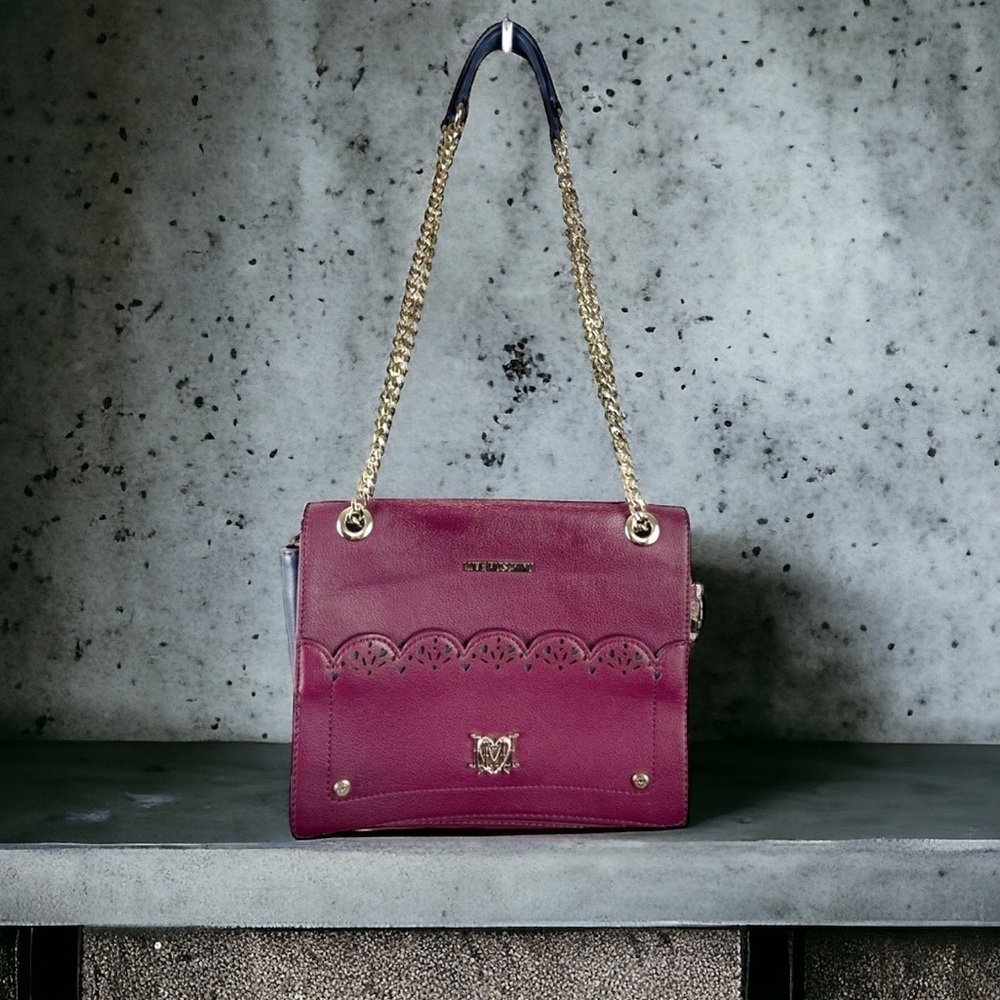 Love Moschino Plum Leather Flap Bag w/Scalloped Edge
